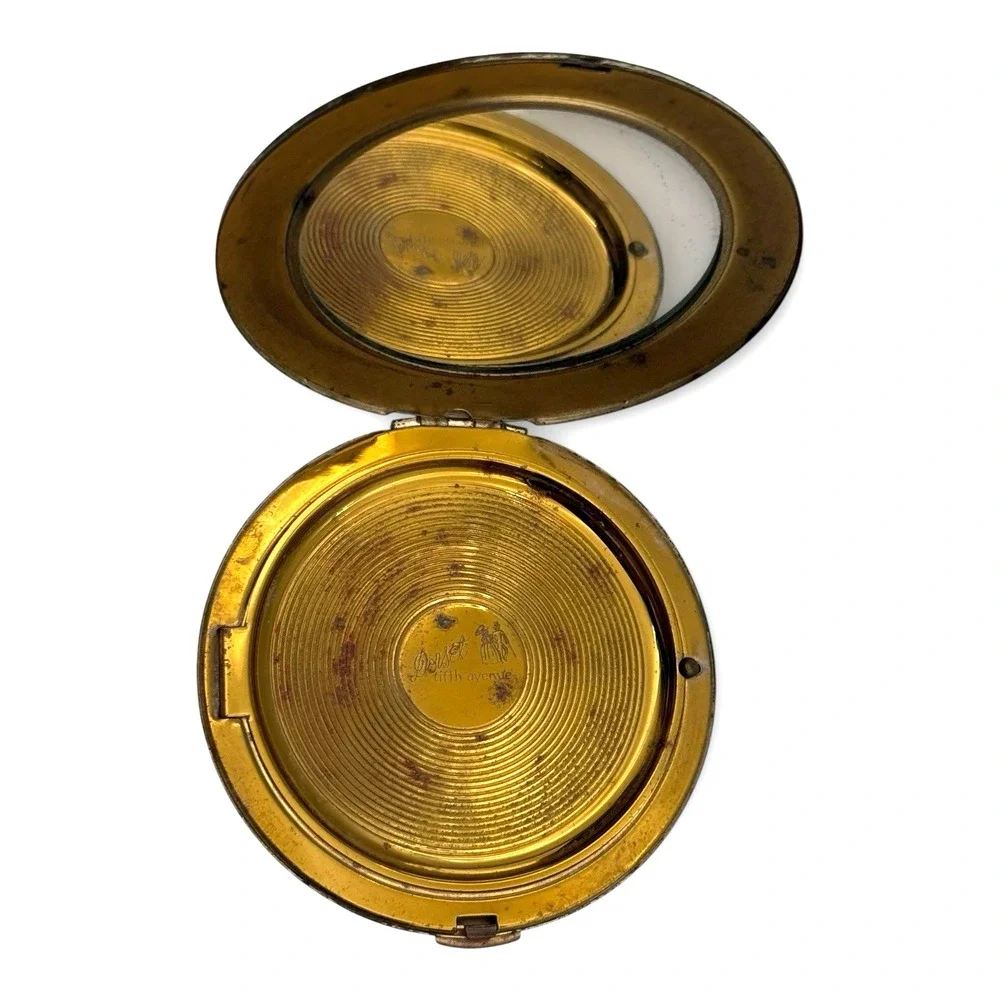 Dorset Fifth Avenue Rhinestone Compact Mirror Gold Tone Striped Round Vintage